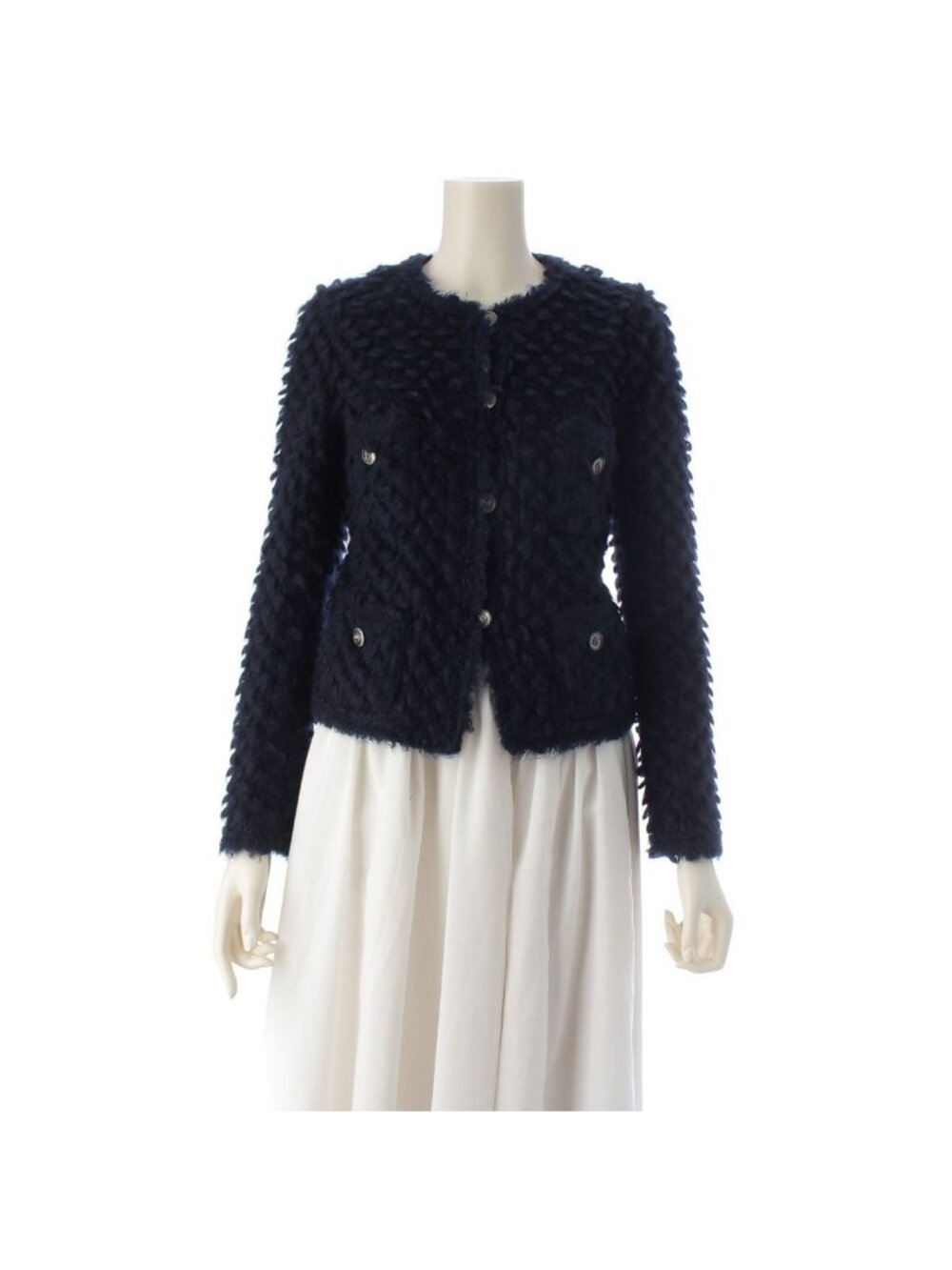 Chanel Mohair Nylon Little Black Shaggy Collarless Jacket Navy 34